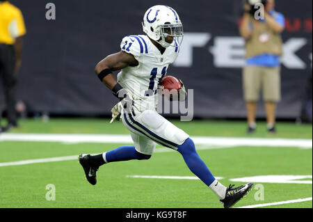 Houston, Texas, USA. 5 Nov, 2017. Indianapolis Colts wide receiver Quan Bray (11) liefert einen Start im dritten Quartal ein NFL regular season Spiel zwischen den Houston Texans und die Indianapolis Colts an NRG Stadion in Houston, TX am 5. November 2017. Credit: Erik Williams/ZUMA Draht/Alamy leben Nachrichten Stockfoto