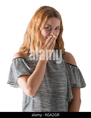 Schüchternes Mädchen, ihr Gesicht mit den Händen, isoliert Stockfoto