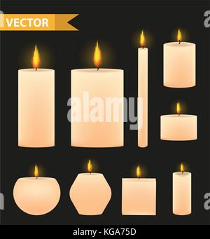 Realistische beige Kerzen. 3d-brennende Kerze Sammlung. auf einem schwarzen Hintergrund isoliert. Vector Illustration Stock Vektor