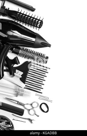 Die tools Friseur top Aussicht auf weißem isolieren Stockfoto