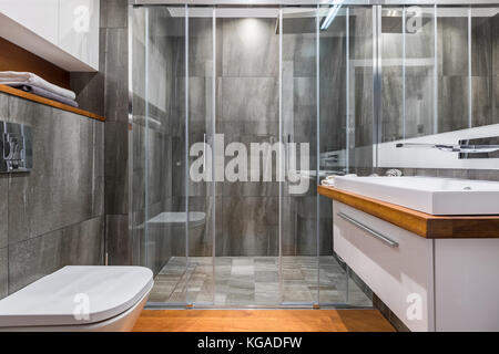Graues Badezimmer mit weißem Waschbecken, Toilette und eleganter begehbarer Dusche Stockfoto