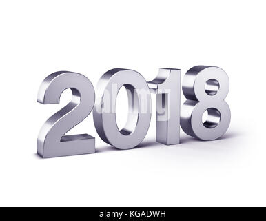 Typ Neujahr 2018, in Silber gefärbt und isoliert auf weiß - 3D-Illustration Stockfoto