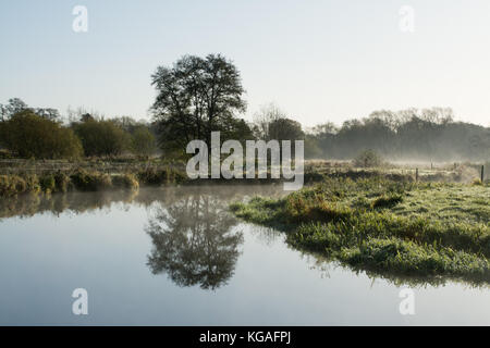 Frosty Landschaft des Flusses Wey bei Thundry Wiesen in Surrey, UK, im November. Ein schöner Tag in der englischen Landschaft. Stockfoto