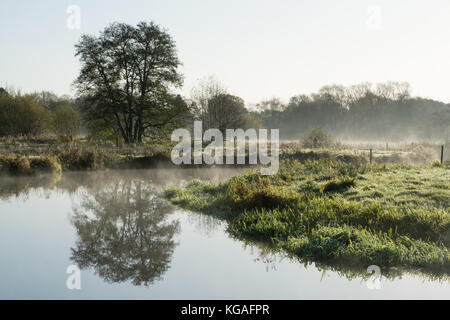 Frosty Landschaft des Flusses Wey bei Thundry Wiesen in Surrey, UK, im November. Ein schöner Tag in der englischen Landschaft. Stockfoto