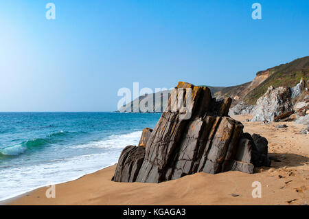 Portbeor Strand auf der Halbinsel Roseland in Cornwall, England, Großbritannien, Großbritannien. Stockfoto