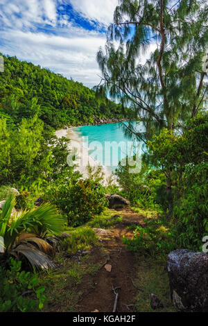 Wanderungen durch den Dschungel zwischen den paradiesischen Stränden Anse Lazio und Anse Georgette, Praslin, Seychellen. Panorama Übersicht von der Spitze eines Berges Stockfoto