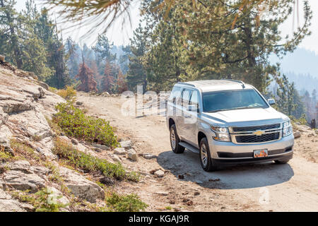 Großen Geländewagen Chevrolet Tahoe Full size SUV Marke neue 2018 Chevy Tahoe LT auf Schmutz Straße in den Bergen von Sequoia National Forest Stockfoto