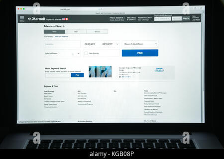 Mailand, Italien - 10. August 2017: Homepage der Marriott-Website. Es ist ein amerikanisches multinationales, diversifiziertes Gastgewerbe-Unternehmen, das verwaltet und Franchises vertreibt Stockfoto