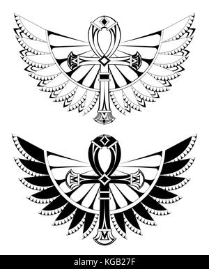 Zwei künstlerisch gezeichnet, konturierte ankhs mit Flügeln auf einem weißen Hintergrund. tattoos Stil. Element des Designs. ägyptische Kreuz. schwarz Ankh Stock Vektor