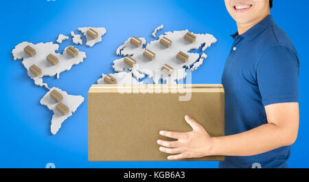 3D-rendering Delivery Man mit Box auf Weltkarte Stockfoto