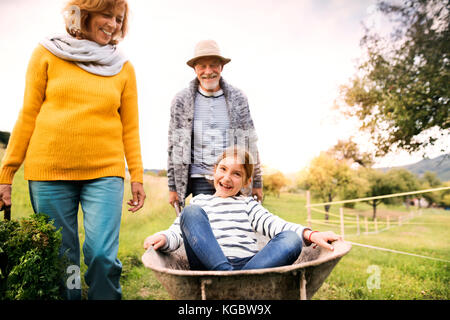 Senior Paar mit Enkelin und Gärtnern im Garten im Hinterhof Stockfoto