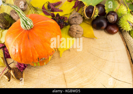 Kürbis mit Haselnüsse und Walnüsse, Kastanien, Herbst Produkte Stockfoto