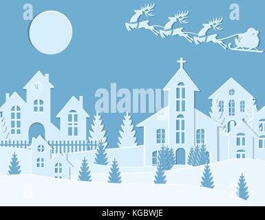 Weihnachten in das neue Jahr. ein Bild von Santa Claus und Hirsche. winter Stadt im neuen Jahr. Schnee, Mond, Bäume, Häuser, Kirche, Schneiden von Papier. Abbildung Stock Vektor