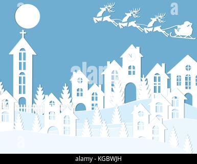 Weihnachten in das neue Jahr. ein Bild von Santa Claus und Hirsche. Schnee, Mond, Bäume, Häuser, Kirche. Aus weißem Papier. Abbildung Stock Vektor
