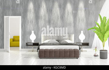 Modernes Interieur der Zimmer in der Mode mit Pflanzen- und Copyspace in horizontaler Anordnung. 3D-Rendering. Stockfoto
