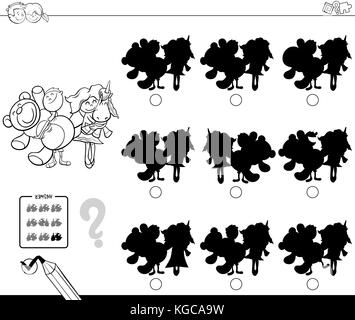 Schwarze und weiße Cartoon Illustration zu finden, die Schatten, ohne Unterschiede Bildungsaktivitäten für Kinder mit Kindern und Maskottchen Spielzeug Lrc Stock Vektor