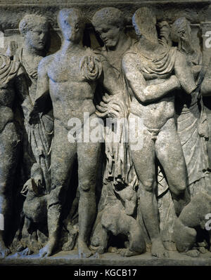 Sarkophag des Hippolyt. Über den Mythos des Hippolyt und phaedra. Detail. 3. Jahrhundert AD. Marmor. von Tarraco, Spanien. Turm Der pretorius. Nationalen Archäologischen Museum. Tarragona, Katalonien, Spanien. Stockfoto