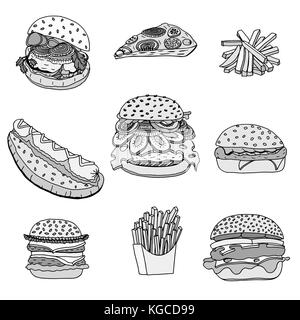 Von Hand gezeichnet von sketchy fast food Illustrationen, Burger, Hot dogs, Pommes und Pizza. Vector Illustration, isoliert auf weißem Stock Vektor