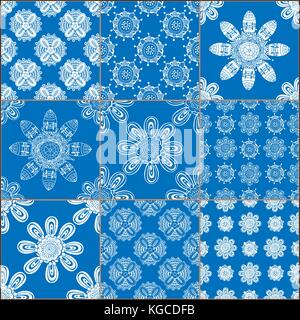 Kreativ set der klassischen blauen Keramikfliesen. doodles Mosaik mit Hand gezeichnet floralen und geometrischen Mustern. Linien, Blumen, Sonne, Sterne, Mandalas, wa Stock Vektor