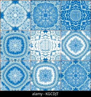 Kreativ set der klassischen blauen Keramikfliesen. doodles Mosaik mit Hand gezeichnet floralen und geometrischen Mustern. Linien, Blumen, Sonne, Sterne, Mandalas, wa Stock Vektor