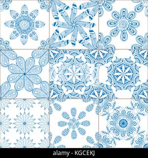 Mega schöne Nahtlose patchwork Muster aus dunklen Blau und Weiß marokkanische, portugiesischen Kacheln, Azulejo, arabisch Ornament. Islamische Kunst. Stock Vektor