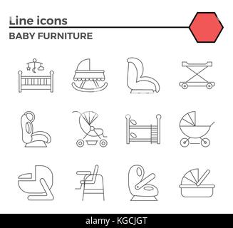 Baby Möbel Thin Line ähnliche Symbole gesetzt auf weißem Hintergrund. Einfache Mono Linear Piktogramm Pack Hub Vector Logo Konzept für Webgrafiken. Stock Vektor