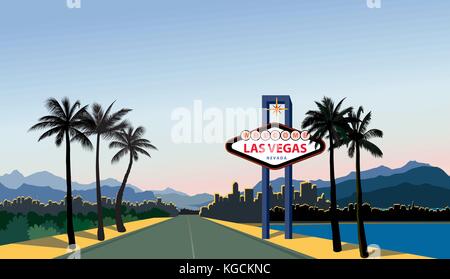 Las Vegas Skyline der Stadt. reisen usa Hintergrund. Landschaft mit Las - Vegas Zeichen Stock Vektor