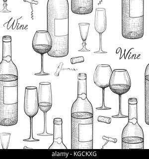 Wein trinken nahtlose Muster gravieren. Wein Glas und Flasche Hintergrund Stock Vektor