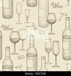 Wein trinken Nahtlose doodle Muster. Weinkarte bar Hintergrund Stock Vektor