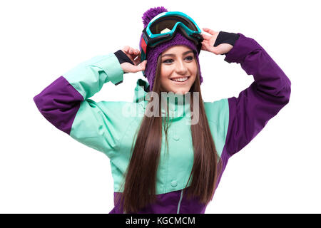 Hübsche junge Frau in Ski Brille Stockfoto