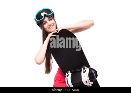 Hübsche junge brünette Frau in Schwarz kurze Tank Top halten snowboa Stockfoto