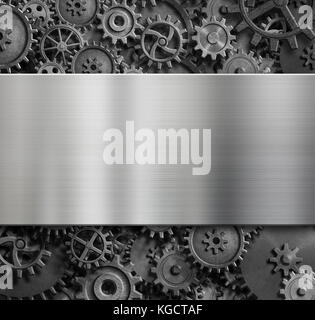 Metallplatte Hintergrund mit Zahnräder und Getriebe 3D-Darstellung Stockfoto