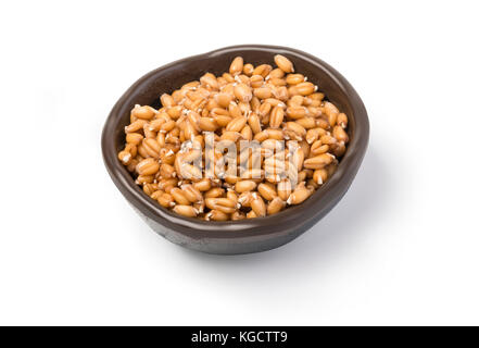 Rohe gekeimte Weizenkeime für gesundes Essen in einer braunen Keramik Schüssel auf weißem Hintergrund mit Freistellungspfad isoliert Stockfoto