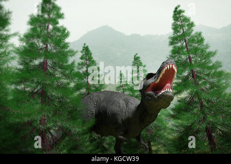 Roaring T-rex Tyrannosaurus rex Dinosaurier zwischen Pinien (3d-Abbildung) Stockfoto