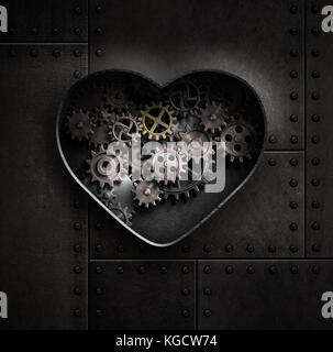 Metal Heart mit Getrieben und Zahnrädern 3D-Darstellung Stockfoto