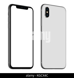 Neue weiße Smartphone mockup ähnlich iPhone X Vorder- und Rückseite GEGEN DEN UHRZEIGERSINN gedreht auf weißem Hintergrund isoliert Stockfoto