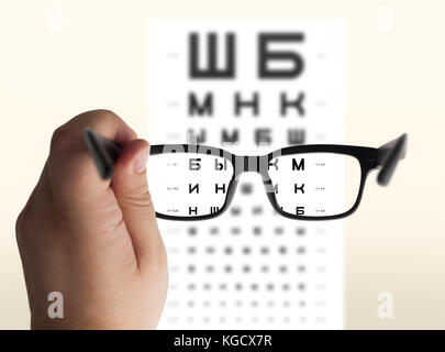 Brillen in der Hand für Sehvermögen russisch/kyrillisch Test Chart Hintergrund, isoliert Stockfoto