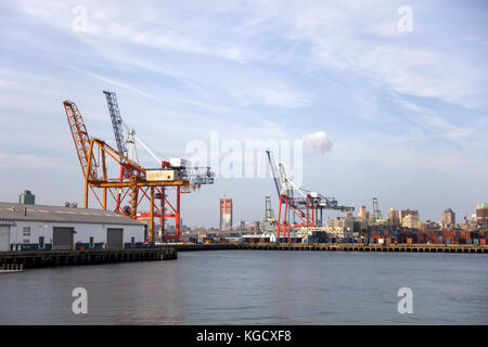 Blick auf Krane in Red Hook Container Terminal in New York. Stockfoto