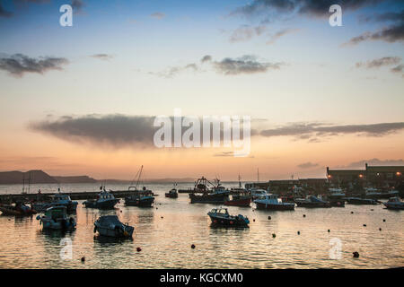 Sonnenaufgang über dem Hafen in Lyme Regis in Dorset, Großbritannien. Stockfoto