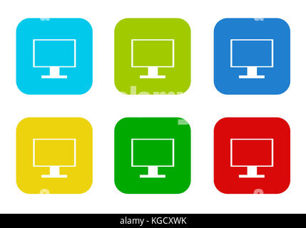 Satz von Abgerundetes Quadrat bunte Flachbild Symbole mit TV-Bildschirm oder computer monitor Symbol in Blau, Grün, Gelb, Cyan und Rot Stockfoto