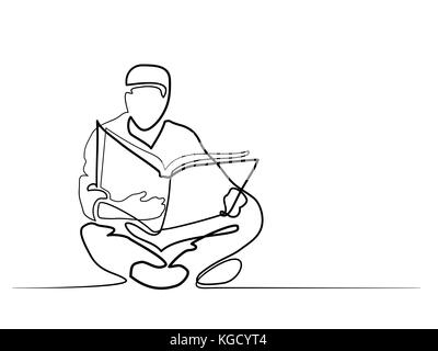 Mann in Fez lesen Koran. Kontinuierliche unterschiedlicher Breite Zeichnung Vector Illustration Stock Vektor