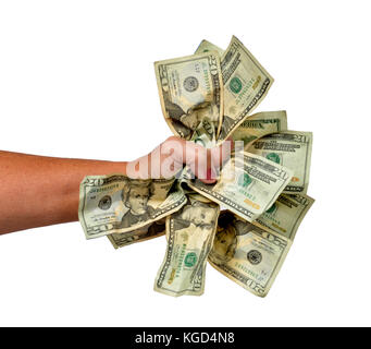 Horizontale schoss der Hand einer Frau mit einem großen Bündel von zwanzig Dollar Scheine auf einem weißen Hintergrund. Stockfoto
