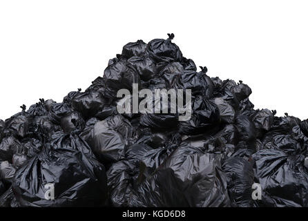 Müllhalde auf einem weißen Hintergrund als ein Haufen von schwarzen Kunststoff Abfallsäcke isoliert. Stockfoto