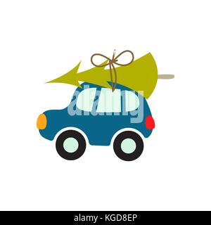 Cartoon Auto mit Weihnachtsbaum auf dem Dach Vector Illustration. Stock Vektor