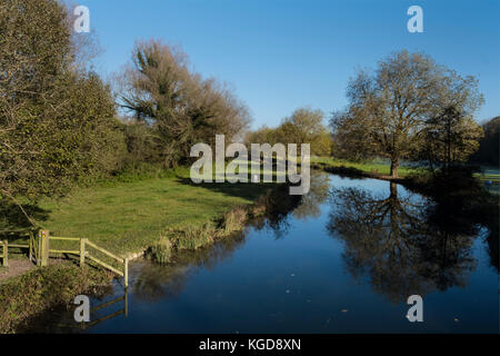 Fluss Itchen Winchester auf einem herrlichen sonnigen Herbsttag. Die itchen River ist ein Fluss in Hampshire, England. Er fließt von Mitte Hampshire Stockfoto