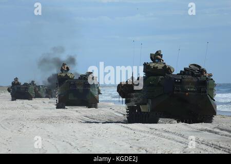 Us-Marines mit 2Nd Battalion, 14th Marine Regiment, 2nd Marine Division, Bühne AAV-P7/A1 Assault amphibische Fahrzeuge nach der Ankunft in Onslow Stockfoto