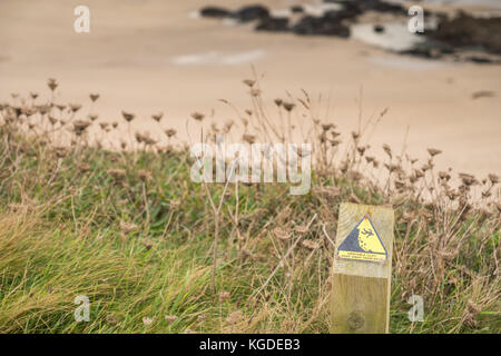 Instabiles Klippenrandschild warnt vor der Gefahr von fallenden Felsen und Sturz über den Rand in Cornwall, England, Großbritannien Stockfoto