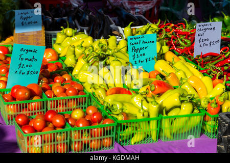 Paprika und anderes Gemüse zum Verkauf am Marktstand. St. Jacobs Market, Ontario, Kanada Stockfoto