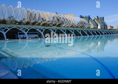 Abends Blick auf Umbracle während einem sonnigen Wintertag. Valencia, Spanien. Calatrava-Bereich. Stockfoto