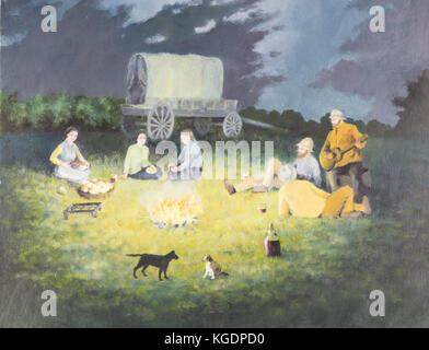 Original Ölgemälde auf Leinwand - Pionier Lagerfeuer Szene mit Menschen bereiten Essen, playig Gitarre, Hunde und bedeckten westlichen Wagen im Hintergrund Stockfoto